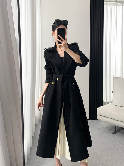 FT GUOGE black windbreaker women's 2023 spring new high-end temperament Hepburn style mid-length coat jacket