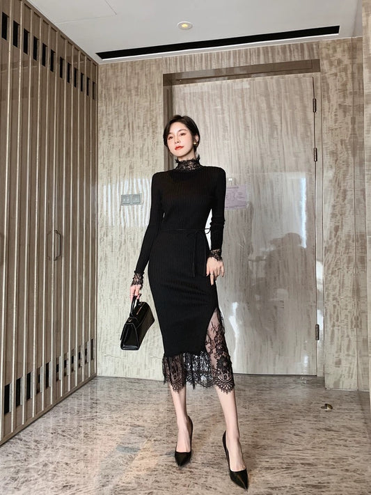 European station 2022 new black slim fit bottoming knitted dress women's autumn and winter lace mid-length skirt 1537