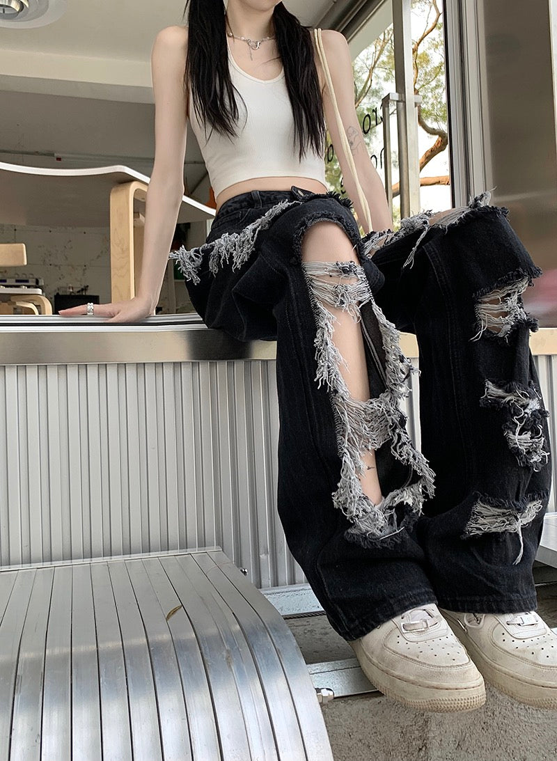 High street ins tide ripped straight jeans female spring American style high waist beggar pants mopping trousers wide leg pants