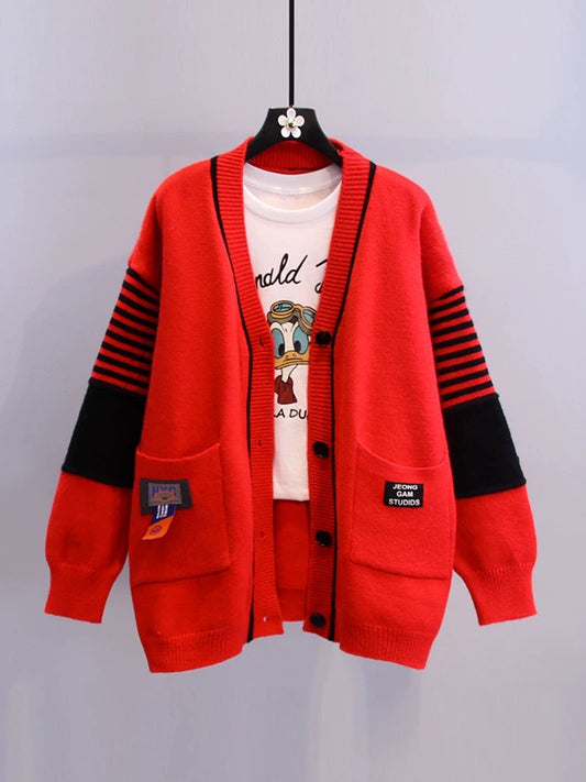 Contrast color striped sweater jacket women's spring 2022 new label letter Western style loose all-match knitted cardigan