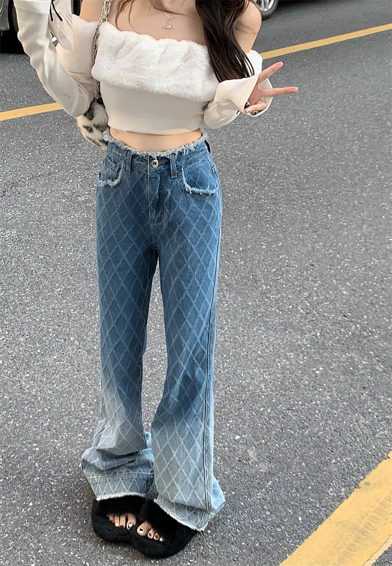 kumikumi Hong Kong-style jeans women's winter raw-edged straight-leg pants rhombus gradient color wide-leg pants mopping long pants