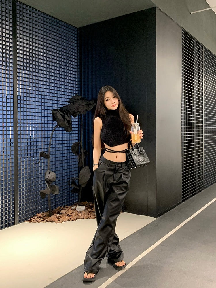 Bean paste chic [lava black skillful] black Pu leather casual pants women's autumn low waist loose wide-leg long leather pants