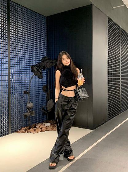Bean paste chic [lava black skillful] black Pu leather casual pants women's autumn low waist loose wide-leg long leather pants