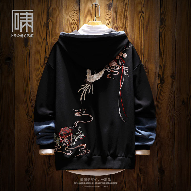 Tide Brand National Tide Chinese Wind Crane Embroidery Niche Hooded Sweater Men's