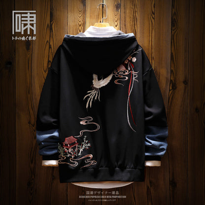 Tide Brand National Tide Chinese Wind Crane Embroidery Niche Hooded Sweater Men's