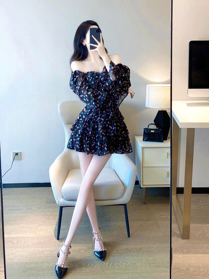 Black Floral Dress 2023 Spring and Autumn New French Temperament Ladies Bandage Tube Top Sweet A-line Cake Dress