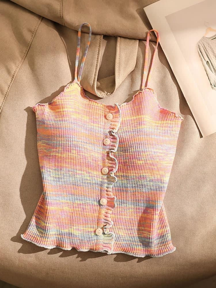 Spice Girl Striped Knitted Camisole Women's Inner Wear Outerwear Sexy Slim Wooden Ear Edge Short Bottom Sleeveless Top
