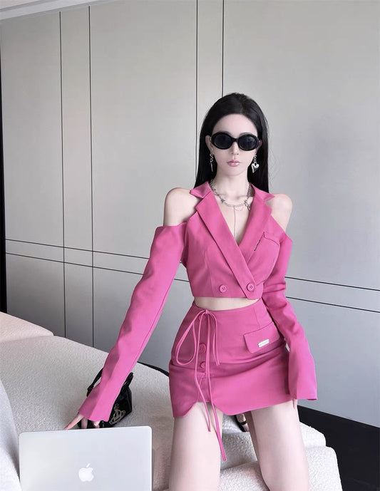 2022 summer new off-the-shoulder short suit jacket skirt two-piece hot girl fashion suit female