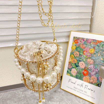 UGALS French retro starry bucket bag handmade diamond beaded pearl bag basket Messenger bag female