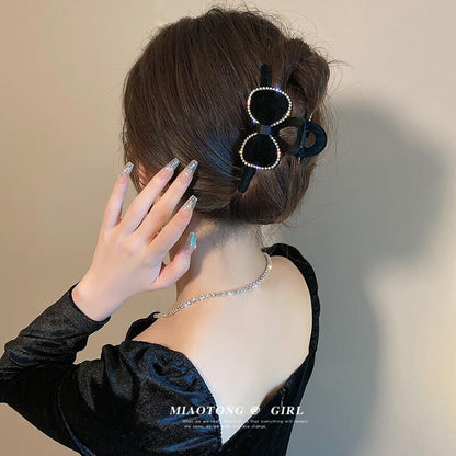 Bowknot velvet grab clip back of the head hair clip women's net celebrity plate hair clip high-end sense shark clip explosive headgear
