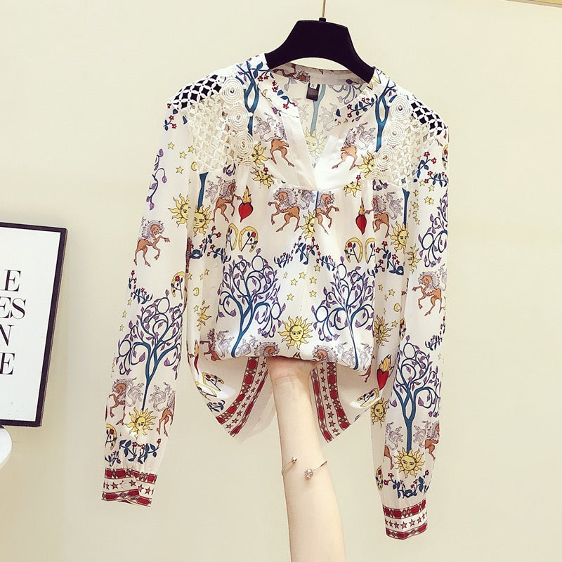 2022 early autumn new European station fashion floral shirt women's all-match foreign style thin chiffon top small shirt trendy