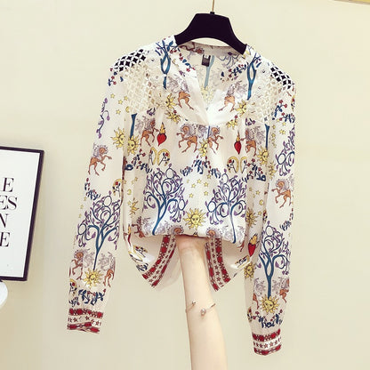 2022 early autumn new European station fashion floral shirt women's all-match foreign style thin chiffon top small shirt trendy